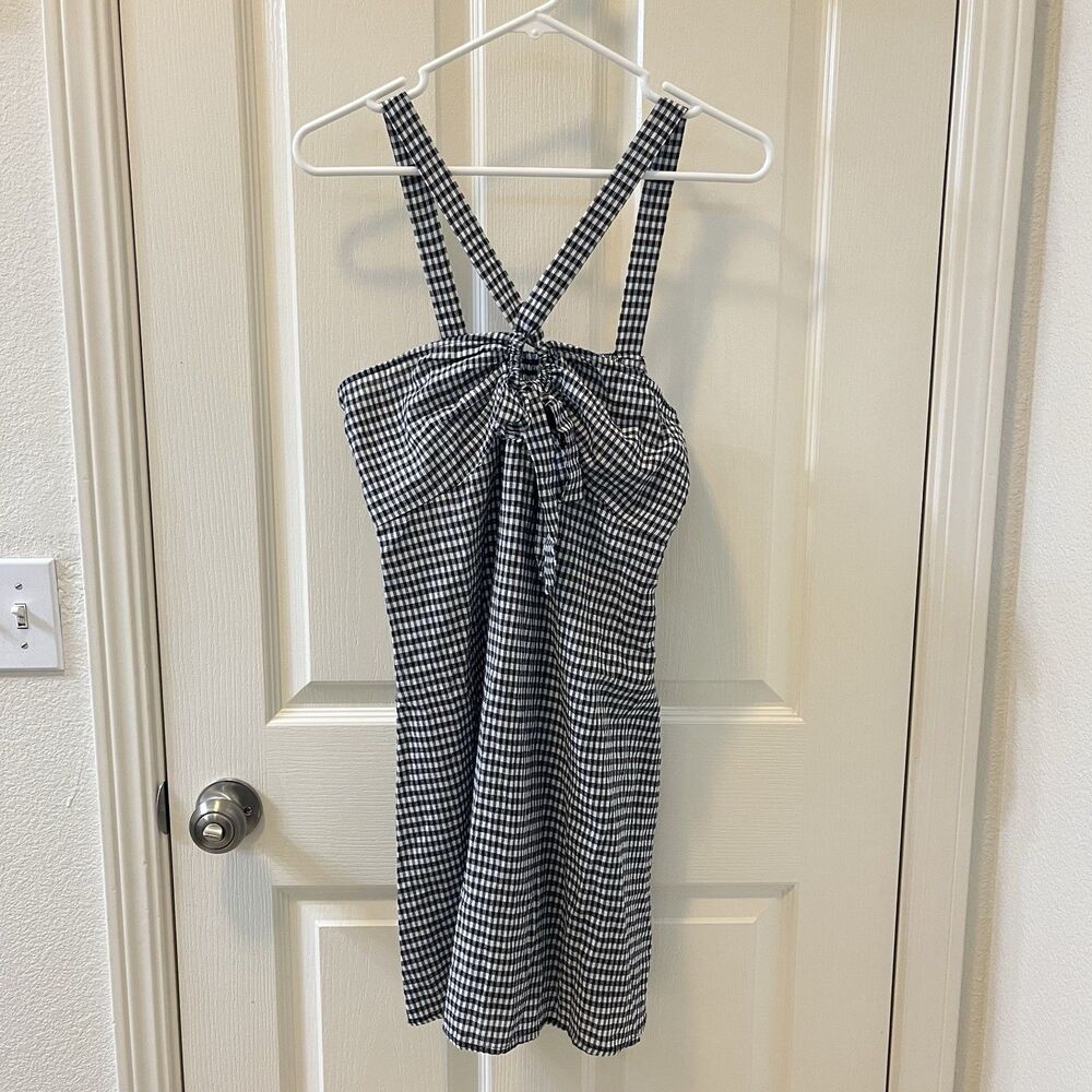 Urban Outfitters Gingham Halter Mini Dress Navy Blue Women's Size Small NWT